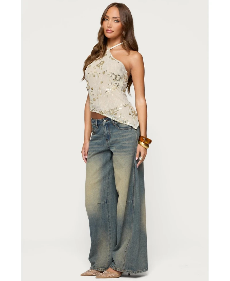 Edikted Womens Beaded Sequin Asymmetric Halter Top