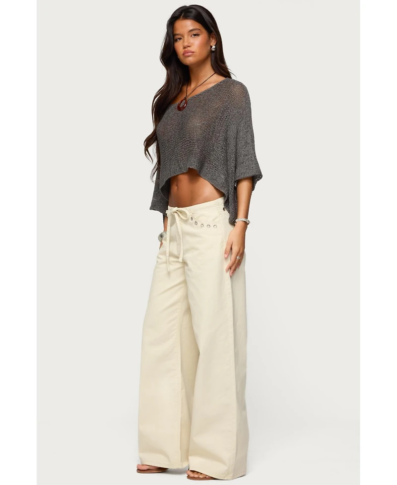 Edikted Womens Grommet Tie Waist Low Rise Jeans