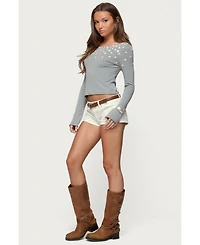Edikted Womens Iridescent Button Boat Neck Top