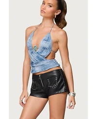 Edikted Womens Crossover Backless Printed Mesh Top