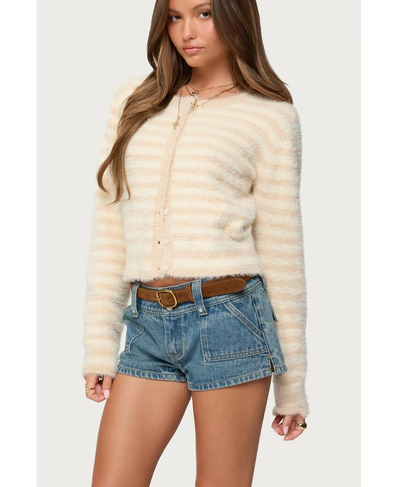 Edikted Women's Aria Striped Fuzzy Knit Cardigan