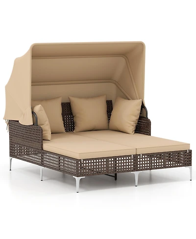 Gymax Outdoor Daybed w/ Retractable Canopy Pe Wicker Rattan Patio Double Chaise Lounger