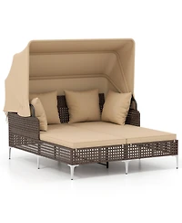 Gymax Outdoor Daybed w/ Retractable Canopy Pe Wicker Rattan Patio Double Chaise Lounger