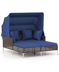 Gymax Outdoor Daybed w/ Retractable Canopy Pe Wicker Rattan Patio Double Chaise Lounger