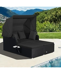 Gymax Patio Rattan Daybed Lounge Retractable Top Canopy Side Tables Cushions Outdoor