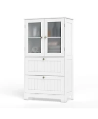 Gymax Bathroom Floor Storage Cabinet Freestanding Cupboard Pantry w/ 2 Drawers