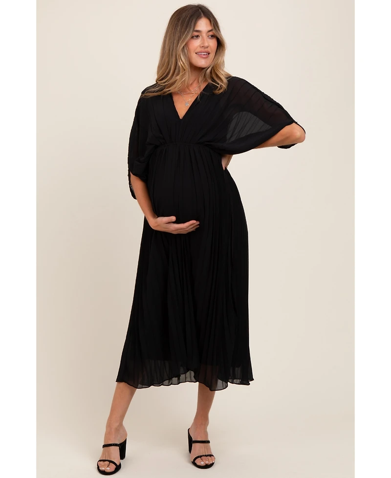 Pinkblush Maternity Black Pleated V Neck Maxi Dress