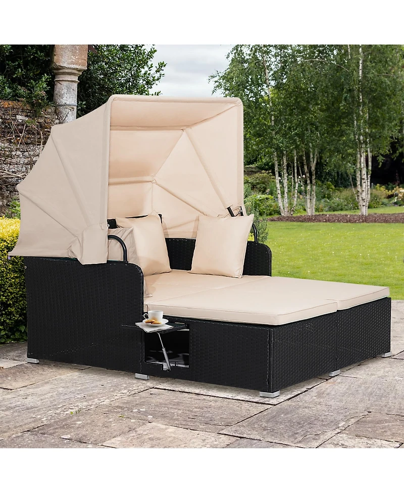 Gymax Patio Rattan Daybed Lounge Retractable Top Canopy Side Tables Cushions