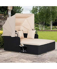 Gymax Patio Rattan Daybed Lounge Retractable Top Canopy Side Tables Cushions