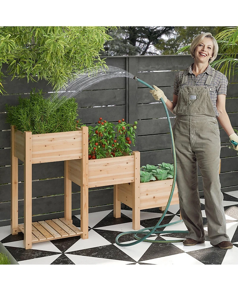 Gymax 3-Tier Wooden Garden Bed Elevated Planter w/ 3 Planter Boxes, Open Storage Shelf