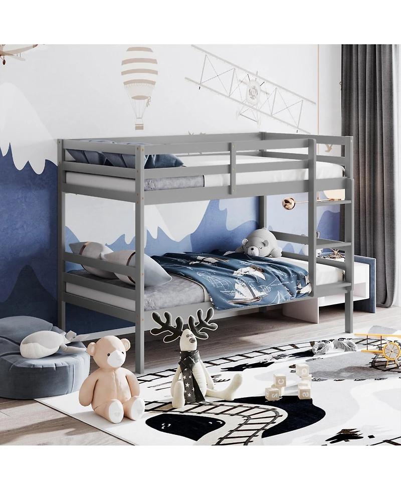 Gymax Twin Over Twin Wood Bunk Beds W/Ladder & Safety Rail Pine Wood Bunk Bed