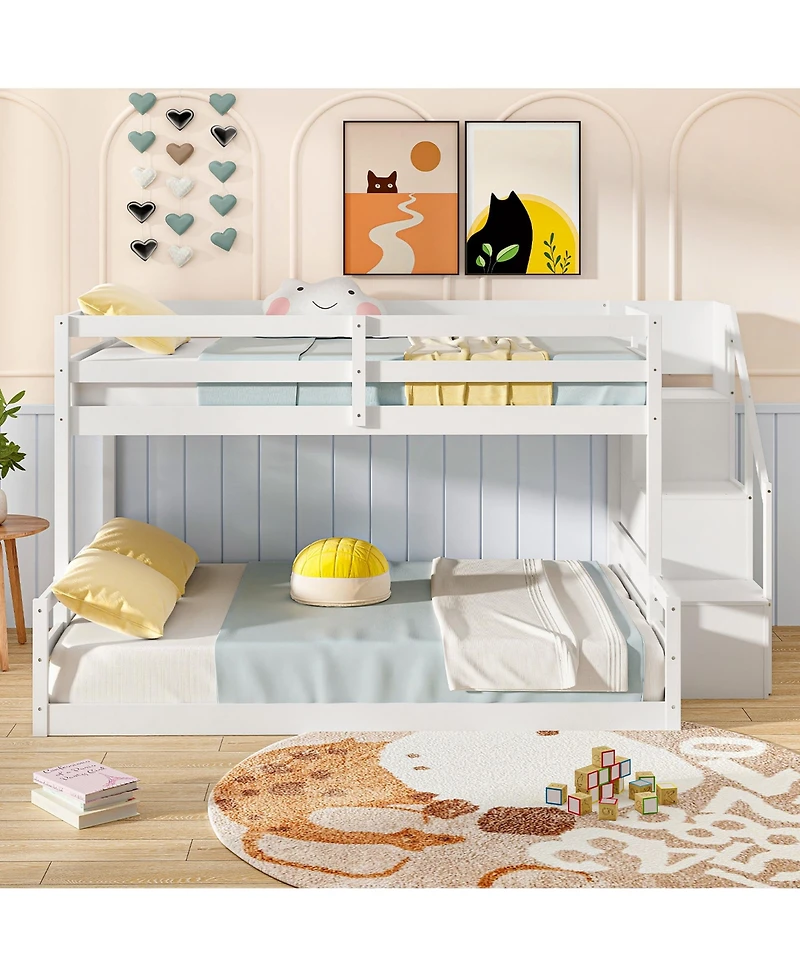 Gymax Twin Over Full Low Bunk Bed w/ Storage Stairs w/ Full-length Guardrails