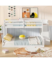 Gymax Twin Over Full Low Bunk Bed w/ Storage Stairs w/ Full-length Guardrails