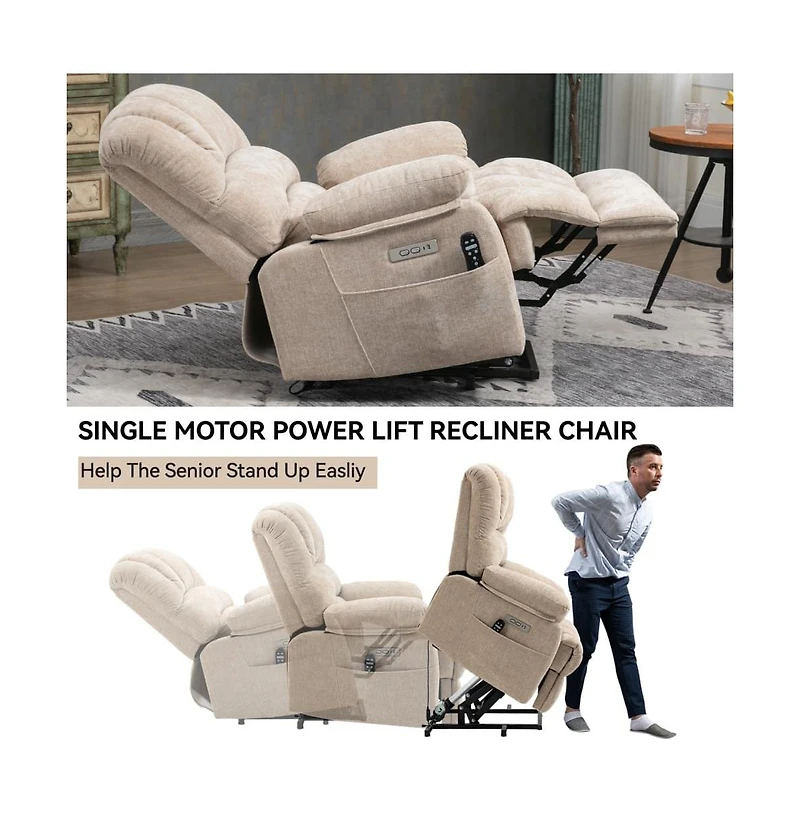 Maison Boucle Oversized Power Lift Recliner for Big & Tall Adults, 23" Wide Chenille Chair with Massage, Heat Usb-Maison