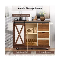 Maison Boucle 55.5" Farmhouse Kitchen Island with Drop Leaf, Barn Door, Power Outlet & Storage Drawers, Rolling Cart on Wheels-Maison Boucle