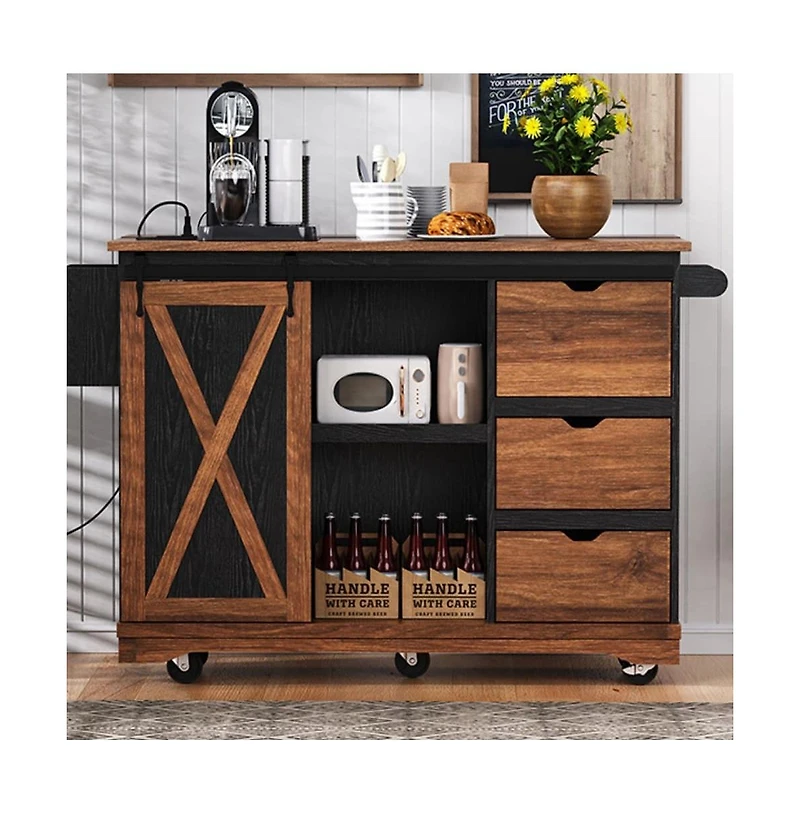 Maison Boucle 55.5" Farmhouse Kitchen Island with Drop Leaf, Barn Door, Power Outlet & Storage Drawers, Rolling Cart on Wheels-Maison