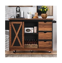 Maison Boucle 55.5" Farmhouse Kitchen Island with Drop Leaf, Barn Door, Power Outlet & Storage Drawers, Rolling Cart on Wheels-Maison