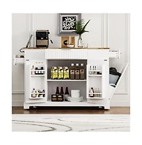 Rolling Kitchen Island with Trash Bin Cabinet, Power Outlet, 3 Drawers, Side Spice Racks, Solid Wood Top, Lockable Wheels-Maison Boucle