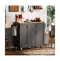 Maison Boucle 50" Rolling Kitchen Island with Rubber Wood Top, Slide-Out Shelves, 3 Drawers & Internal Storage Racks-Maison