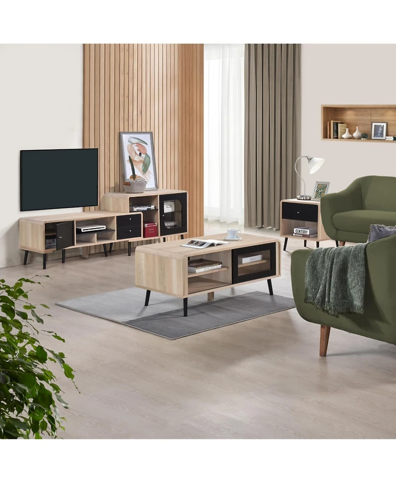 Kings Brand Furniture Nathan Mid Century Modern Coffee Table with Storage Shelf, Oak/Black (Coffee Table)