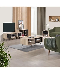 Kings Brand Furniture Nathan Mid Century Modern Coffee Table with Storage Shelf, Oak/Black (Coffee Table)