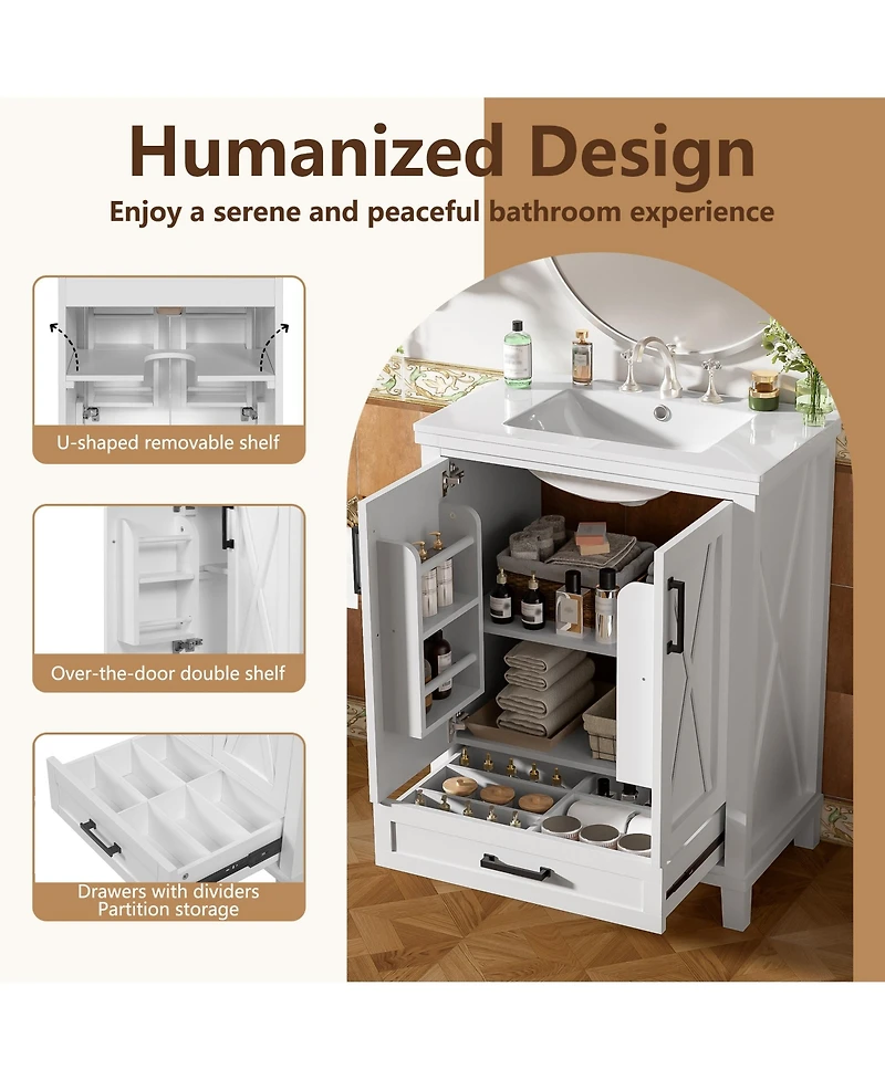 Casainc 24" Bathroom Vanity with Sink, Solid Wood Frame and Mdf, 2 Soft-Close Doors, Drawer and Storage Shelves