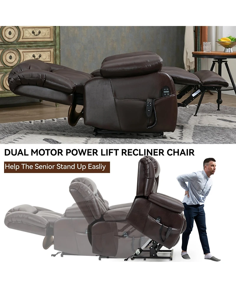 Electric Medium Genuine Leather Power Lift Recliner Chair with 8-Point Vibration Massage and Lumbar Heating