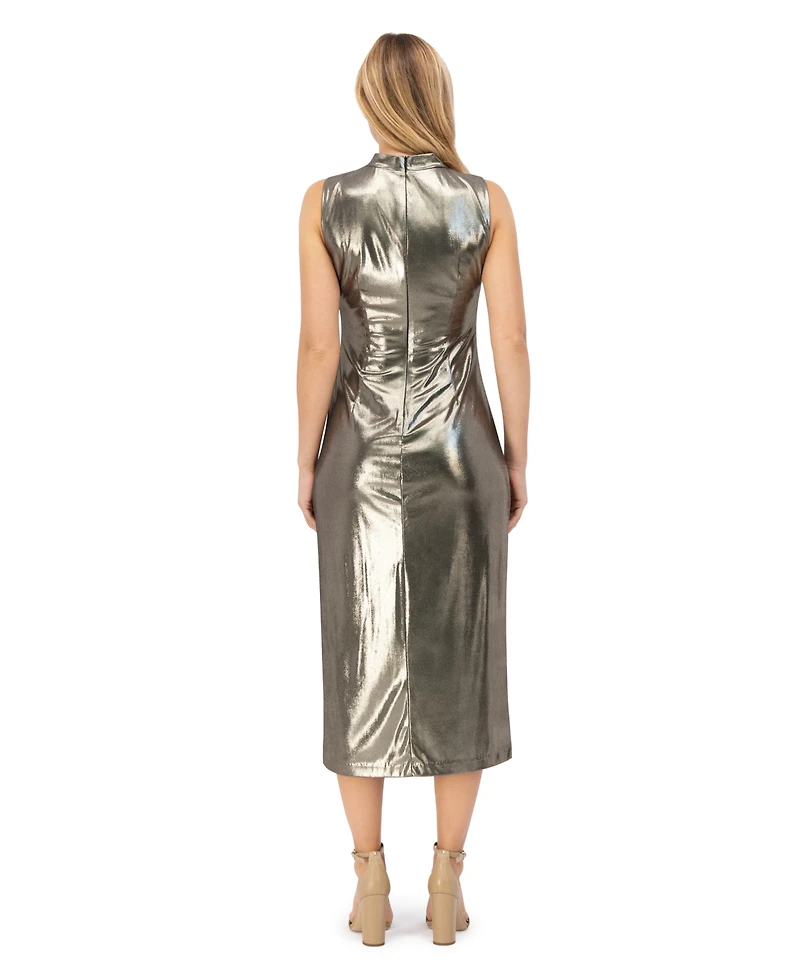 Vince Camuto Petite Side Ruche Foil Cowl Neck Midi Dress