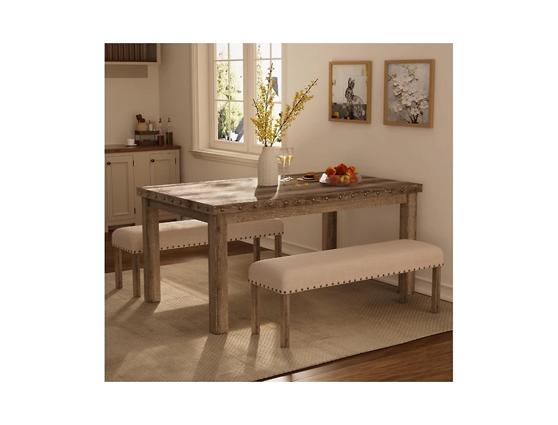 Morden Fort 3 Pieces Farmhouse Dining Room Set, Mid-Century Rectangular Wood Dining Table with 2 Upholstered Benches for Apartment Kitchen