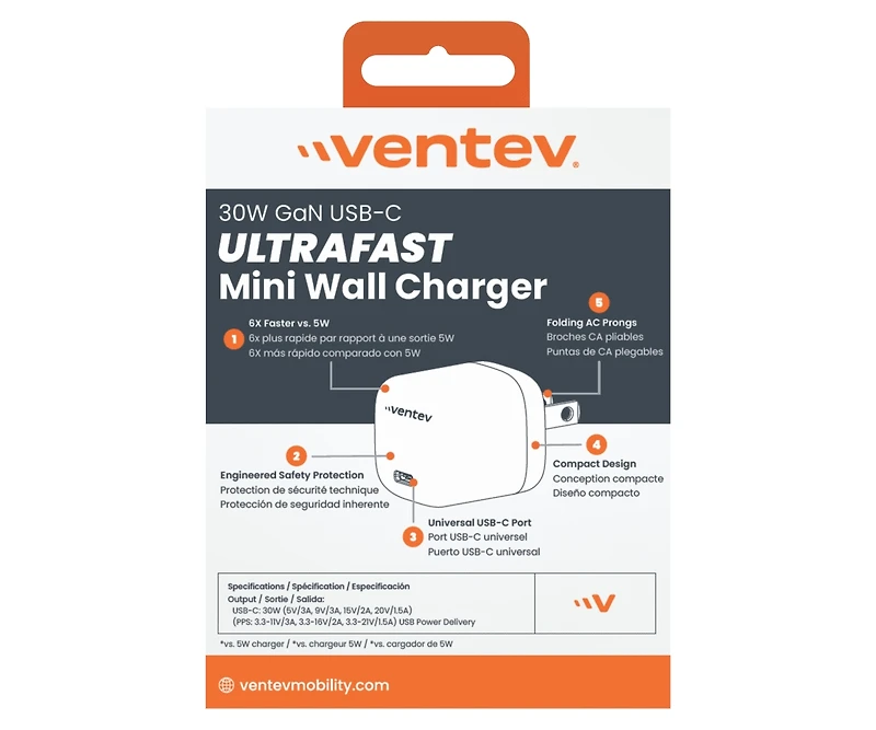 Ventev 30W Ultrafast Usb C Universal GaN Mini Wall Charger-White