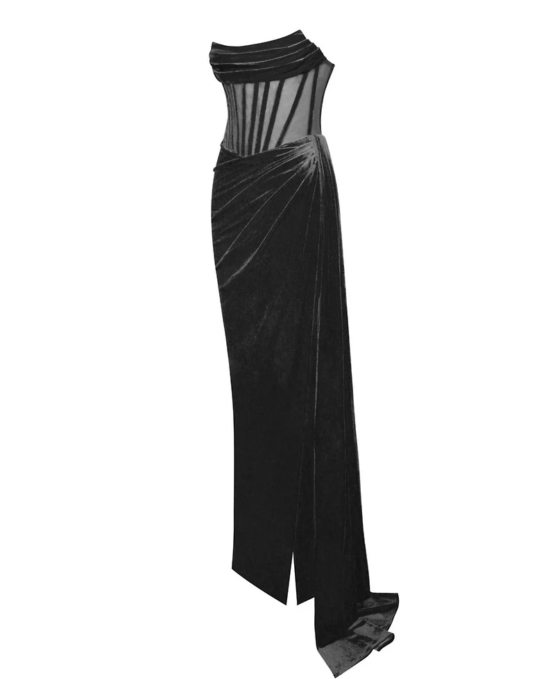 Miss Circle Women's Priya Black Draping Corset High Slit Velvet Gown