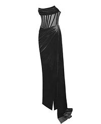 Miss Circle Women's Priya Black Draping Corset High Slit Velvet Gown