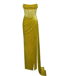 Miss Circle Women's Priya Gold Draping Corset High Slit Velvet Gown