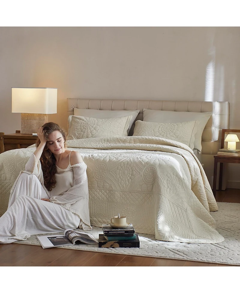 MarCielo 3 Pcs 100% Cotton Oversized Bedspread Quilt Set Embroidery Tf-Queen