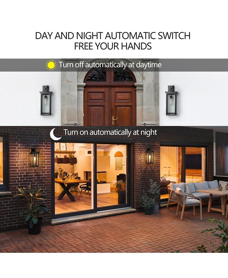 Streamdale Modern Wall Lanterns, Black Metal, Ambient Sensors, Weatherproof Wall Sconces (Set of 2)