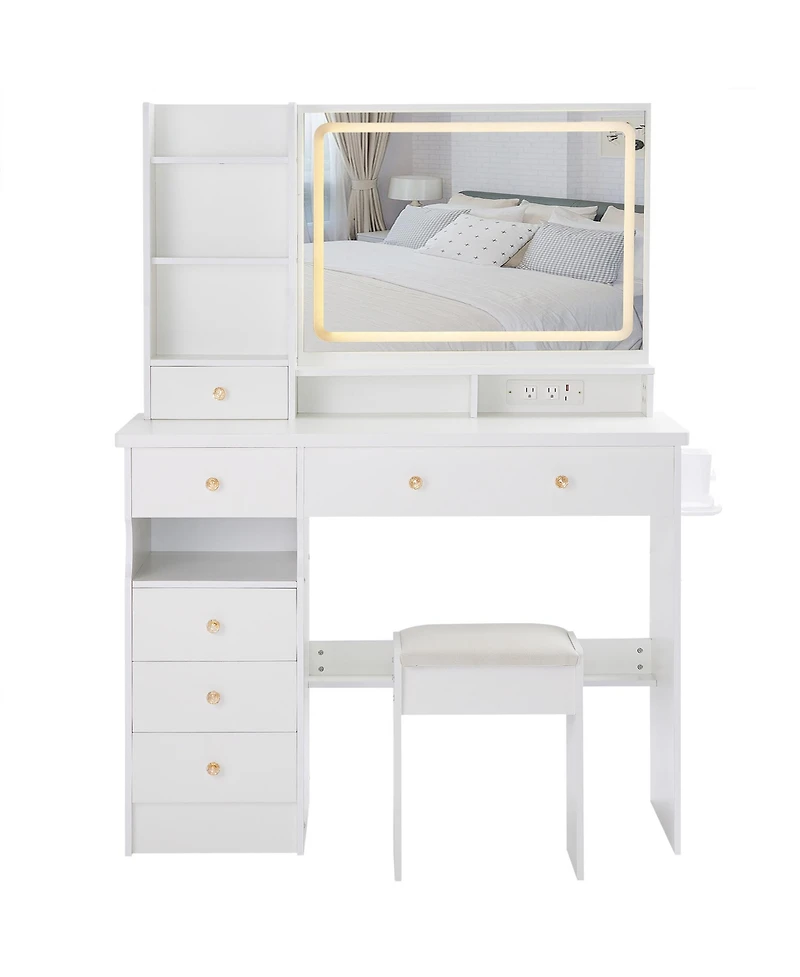 Streamdale Furniture Streamdale Vanity Table with Cushioned Stool, Power Station, Hair Dryer Stand, Large Led Mirror