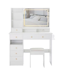 Streamdale Furniture Streamdale Vanity Table with Cushioned Stool, Power Station, Hair Dryer Stand, Large Led Mirror