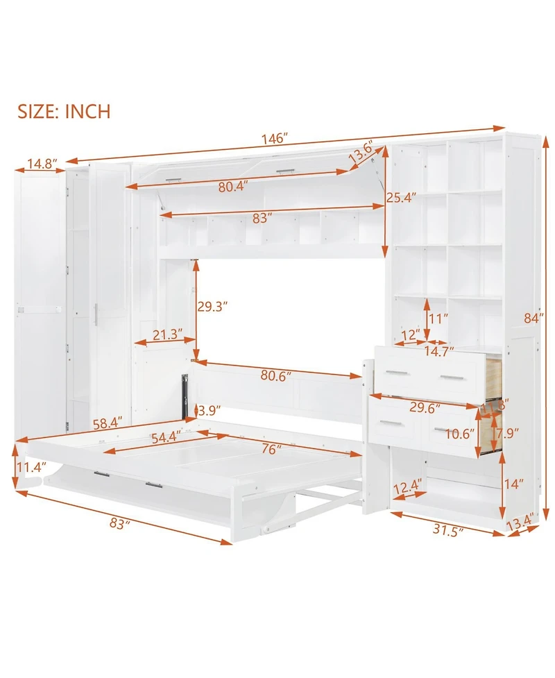 Streamdale Furniture Full Size Murphy Bed Wall Bed with Closet Drawers and Shelves