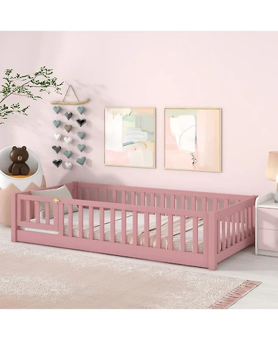Streamdale Furniture Twin size Floor Platform Bed with Fence and Door Pink