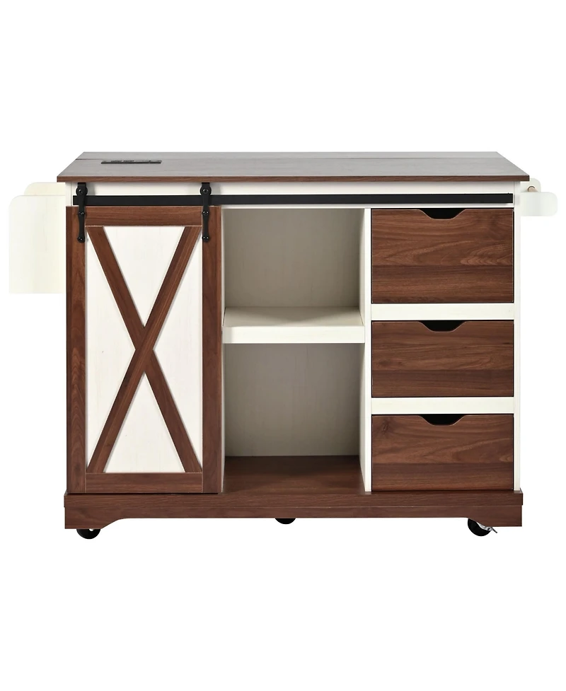 Streamdale Furniture 55.5" Farmhouse Kitchen Island w/ Drop Leaf, Barn Door, Power Outlet, Rolling Cart - White