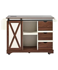 Streamdale Furniture 55.5" Farmhouse Kitchen Island w/ Drop Leaf, Barn Door, Power Outlet, Rolling Cart - White