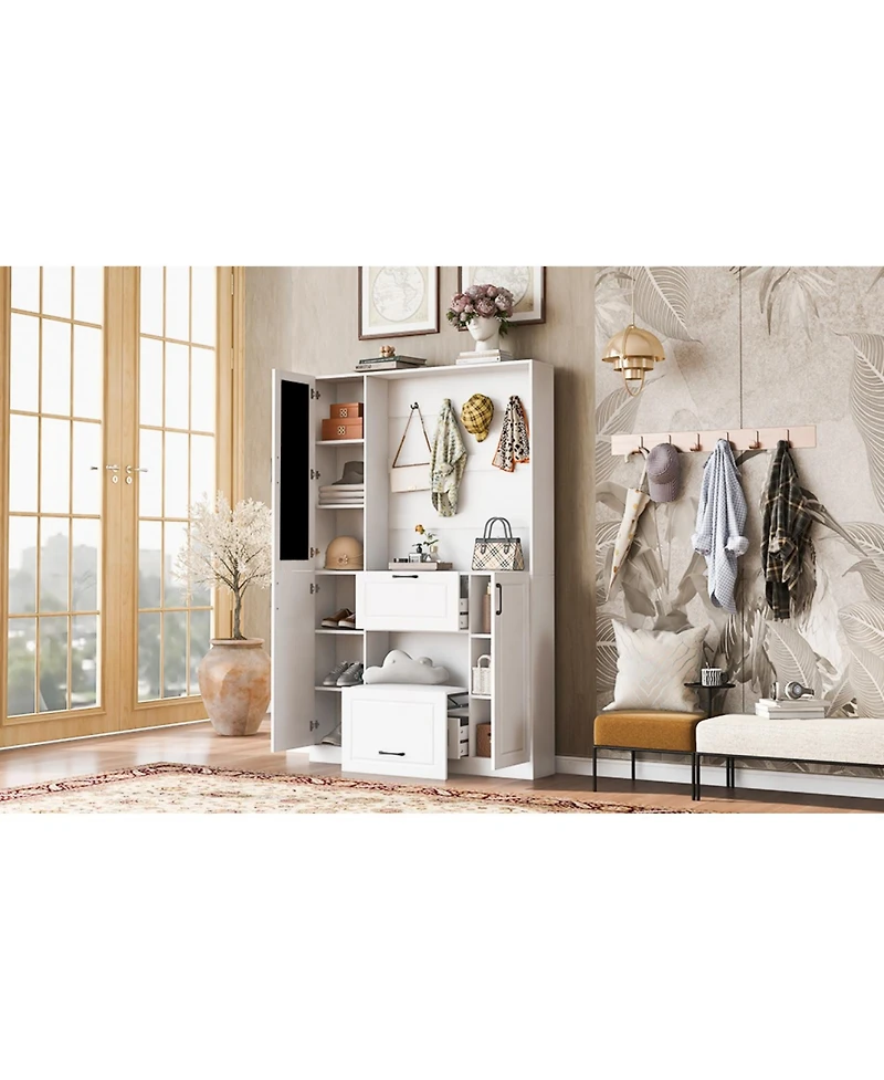 Streamdale Furniture Entryway Bench with Shoe Cabinet, Hall Tree, Hooks & Foldable Seat