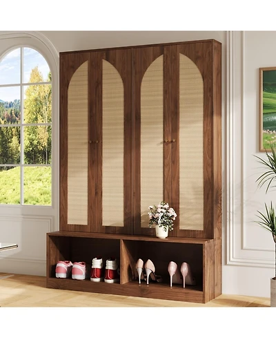 Streamdale Farmhouse Hall Tree - Rattan Doors, Bench, Hooks, Shoe Cabinet - Walnut, 55.1"W