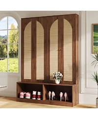 Streamdale Farmhouse Hall Tree - Rattan Doors, Bench, Hooks, Shoe Cabinet - Walnut, 55.1"W