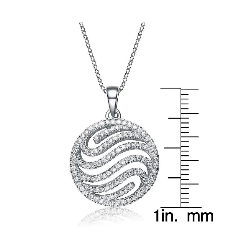 Cubic Zirconia Sterling Silver White Gold Plated Swirl Design Round Drop Pendant