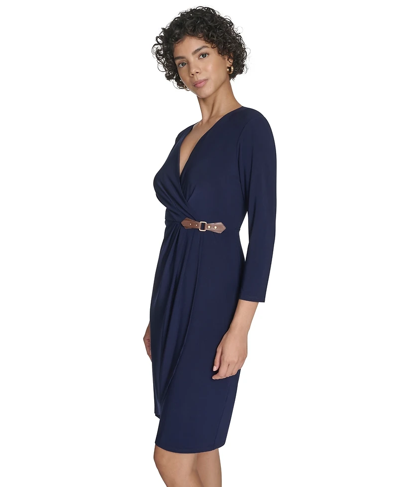 Jessica Howard Petite Surplice Faux Wrap Sheath With Buckle Dress