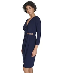 Jessica Howard Petite Surplice Faux Wrap Sheath With Buckle Dress