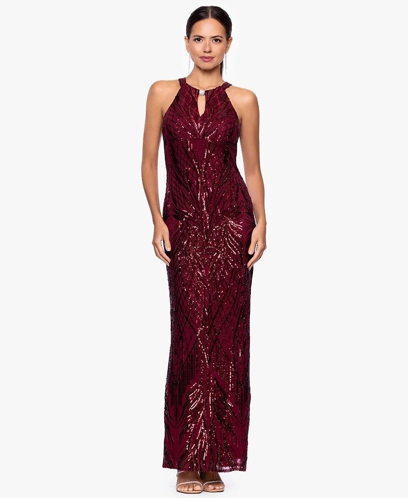B&A By Betsy and Adam Petite Halter Neck Sequin Dress