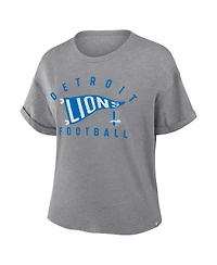Fanatics Women's Heather Gray Detroit Lions Pennant Wave Tribute Tri-Blend Boxy T-Shirt