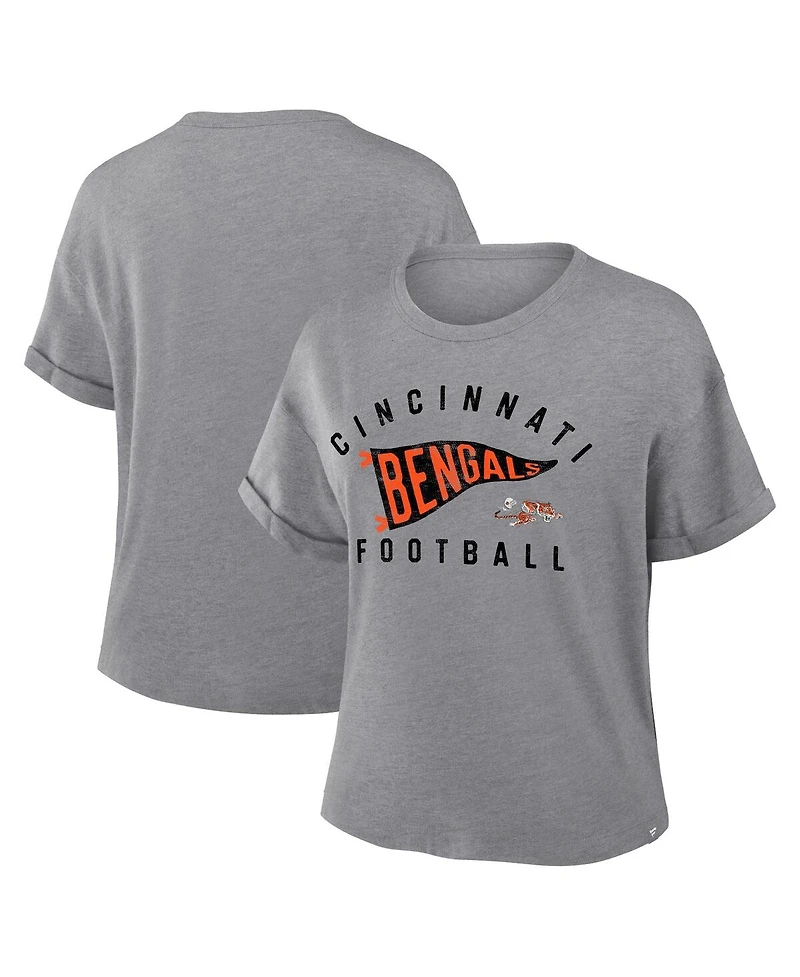 Fanatics Women's Heather Gray Cincinnati Bengals Pennant Wave Tribute Tri-Blend Boxy T-Shirt